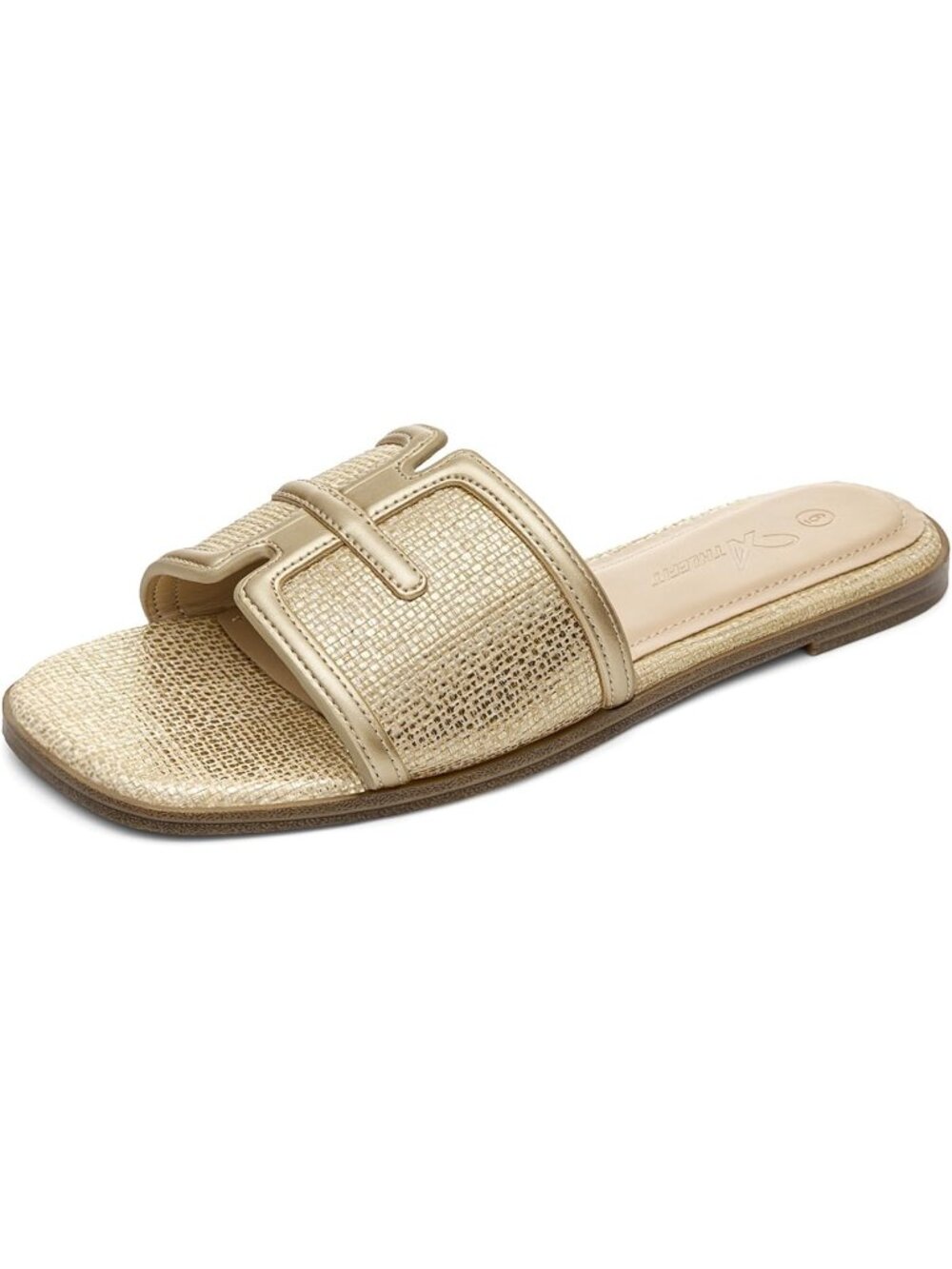 Women Gold Raffia Comfort Square Open Toe Slide Slip On Casual Flat Sandal Shoes